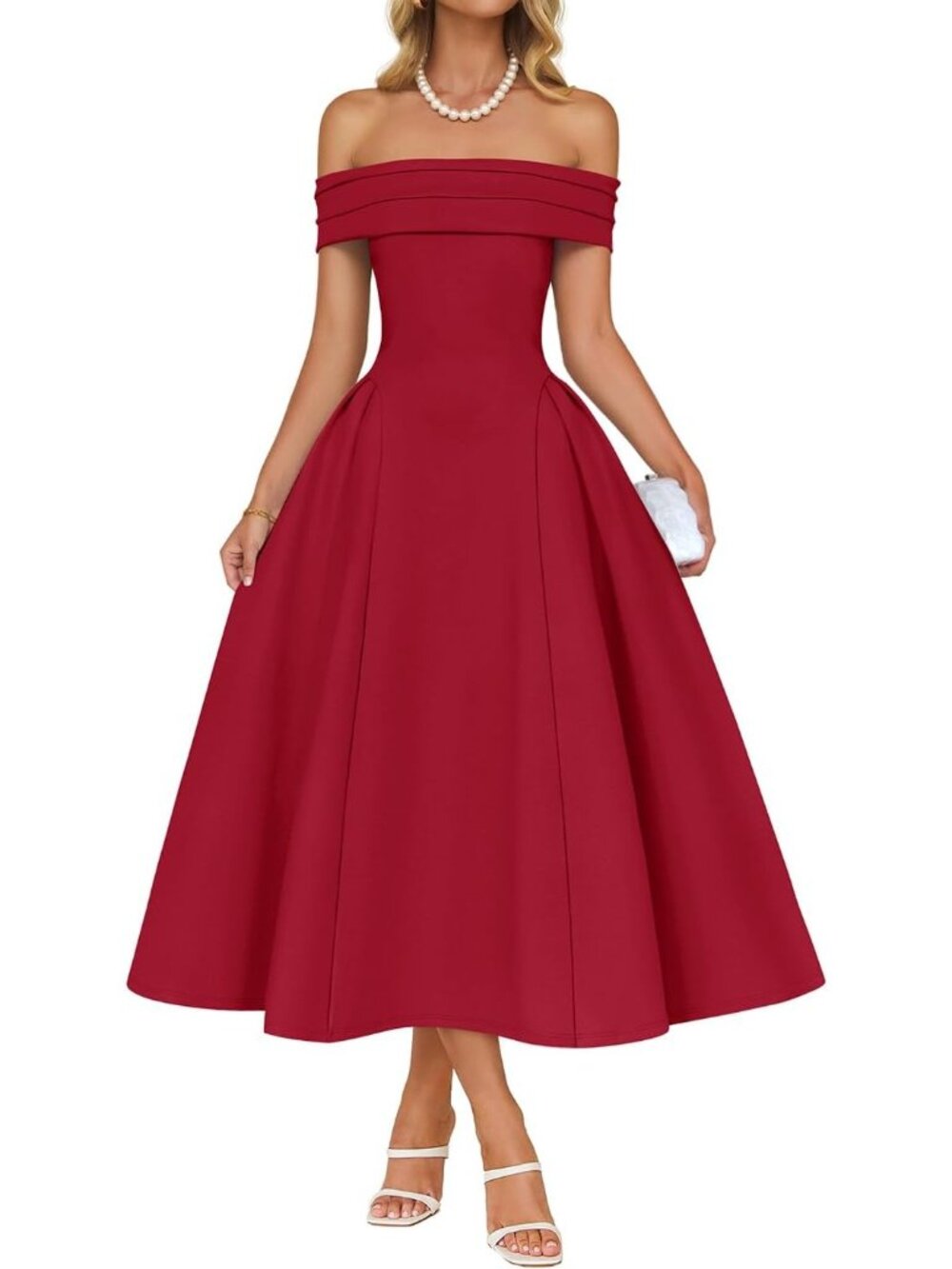 Women's Red Summer 2026 Flowy A Line Semi Formal Off Shoulder Cocktail Dresses
